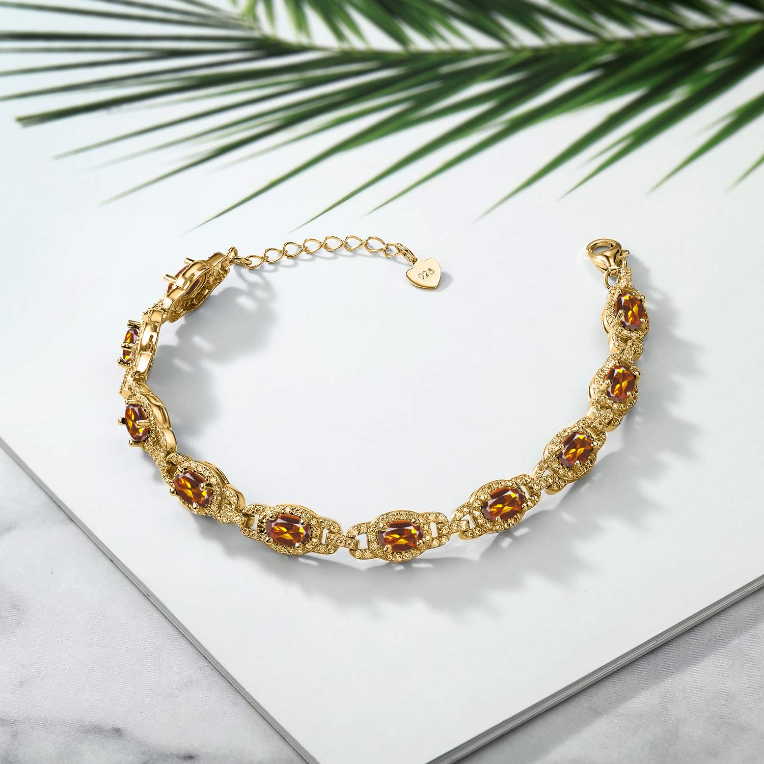 Gem Stone King 18K Yellow Gold Plated Silver Orange Red Madeira Citrine Tennis Bracelet For Women (8.00 Cttw, Gemstone Birthstone, 7 Inch With 1 Inch Extender)