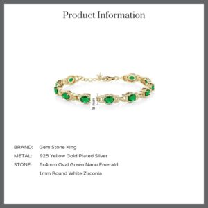 Gem Stone King 18K Yellow Gold Plated Silver Green Simulated Emerald Tennis Bracelet For Women (8.00 Cttw, Oval 6X4MM, 7 Inch With 1 Inch Extender)