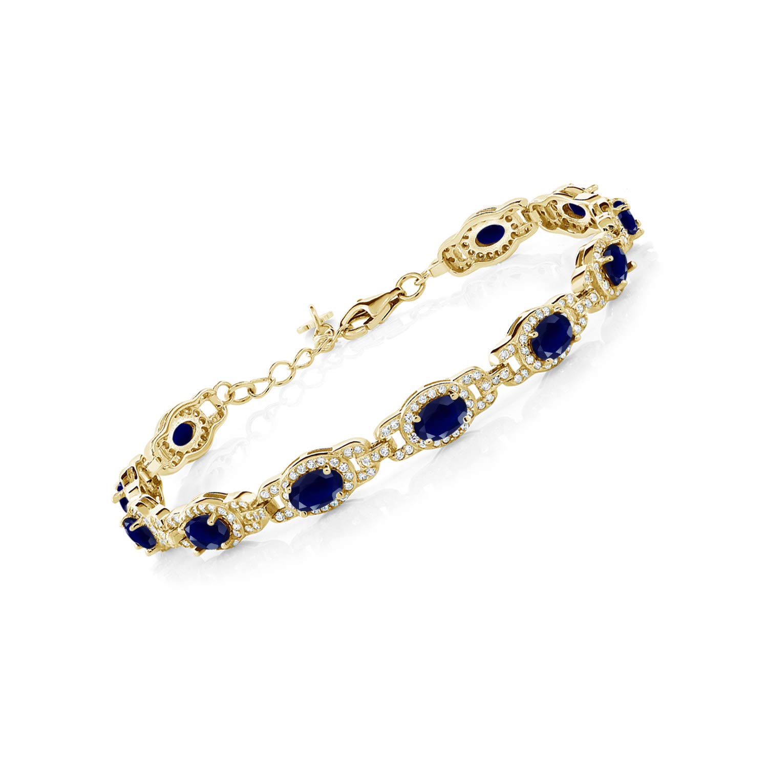 Gem Stone King 18K Yellow Gold Plated Silver Oval Blue Sapphire Tennis Bracelet For Women (9.71 Cttw, 7 Inch, With 1 Inch Extender)