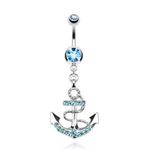 pierced owl 14ga stainless steel cz crystal gemmed nautical anchor dangling belly button ring (aqua)