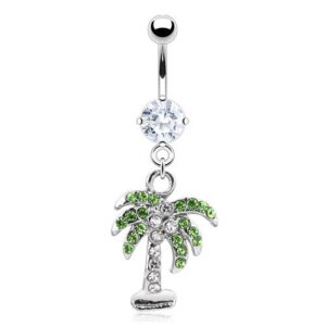 pierced owl 14ga stainless steel cz crystal gemmed palm tree dangling belly button ring (clear)