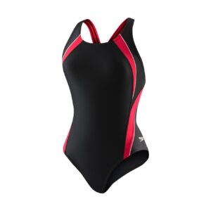 speedo women's powerflex eco taper splice pulse back one piece swimsuit, black/red, 24