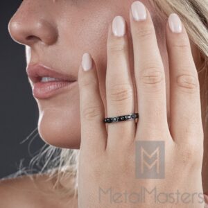 3MM Ladies Black Titanium Eternity Engagement Band, Wedding Ring with Black Pave Set Cubic Zirconia 8