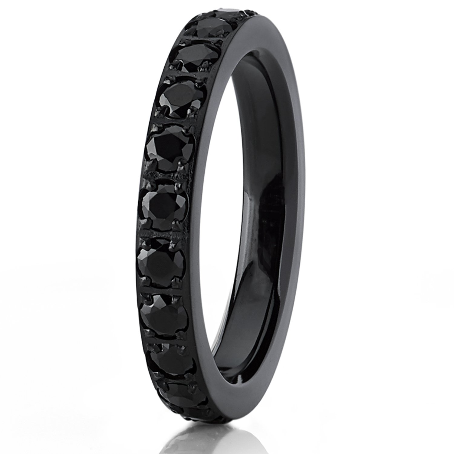 3MM Ladies Black Titanium Eternity Engagement Band, Wedding Ring with Black Pave Set Cubic Zirconia 8