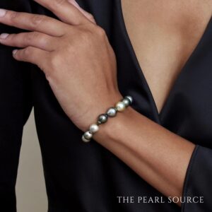 The Pearl Source 14K Gold 8-9mm Drop-Shape Genuine Black Tahitian South Sea Cultured Pearl Bracelet for Women