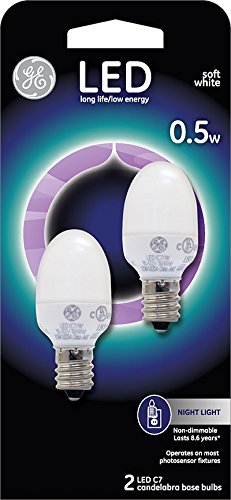 GE C7 LED Light Bulb, Night-Light Plug-In Units, Soft White Finish, 0.5-Watt, Candelabra Base, 2-Pack