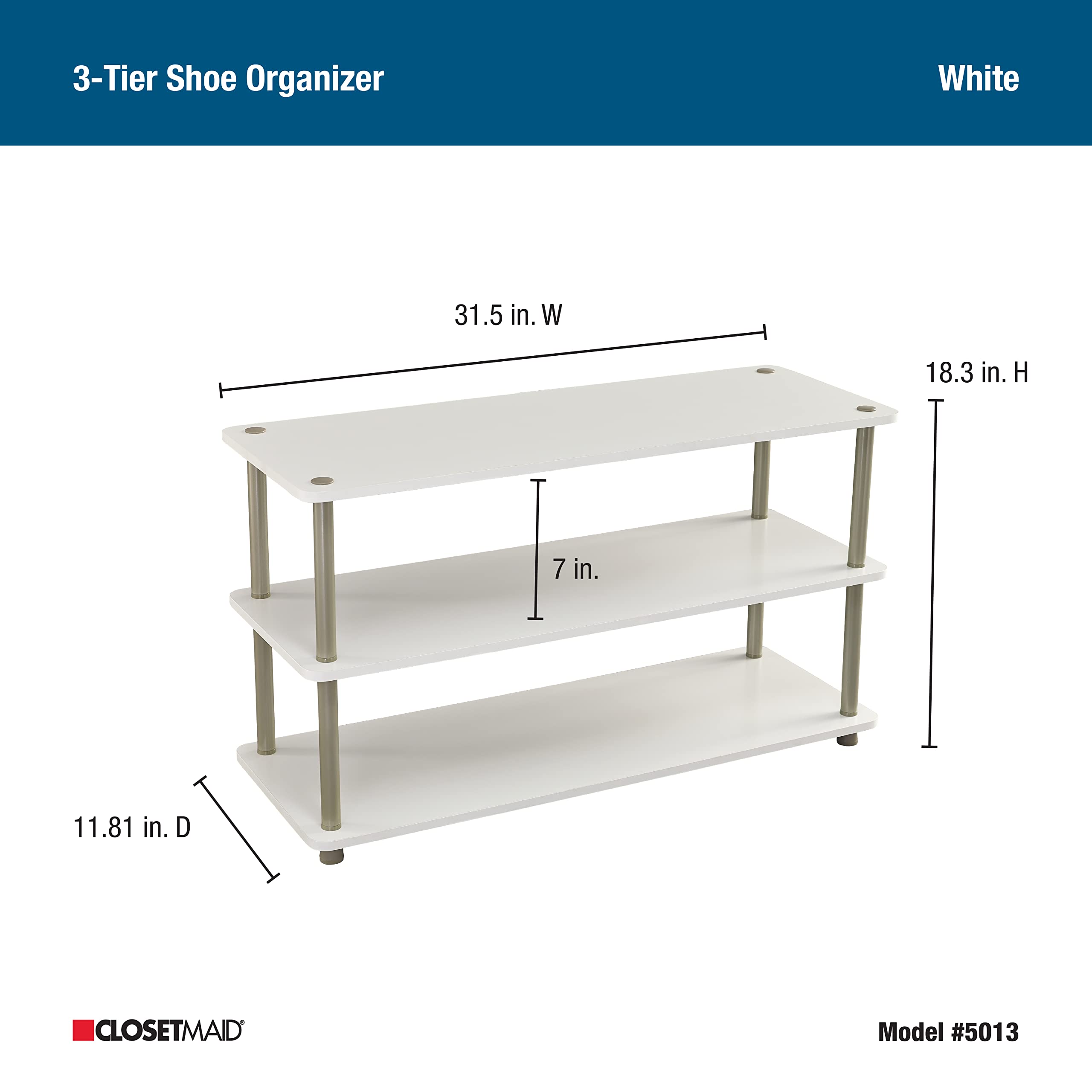 ClosetMaid 3-Tier Shelf Organizer Unit for Shoes, Accessories, Hats, Purses, Bags, in Entryway or Closet, Wood Shelves with Metal Frame, White