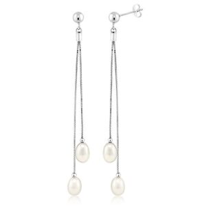 Gem Stone King 925 Sterling Silver Cultured Freshwater Pearl Drop Dangle Long Earrings For Women (Pearl Size: 7-7.5MM, Length: 3 Inch)