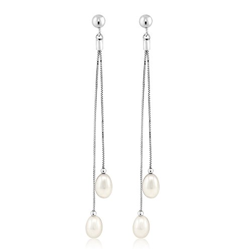 Gem Stone King 925 Sterling Silver Cultured Freshwater Pearl Drop Dangle Long Earrings For Women (Pearl Size: 7-7.5MM, Length: 3 Inch)