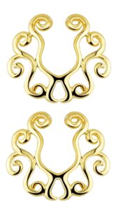 gold tone vintage tribal floral clip on non-pierce no pierce fake nipple ring, sold as a pair