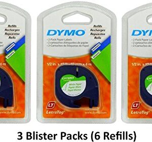 DYMO 10697 Self-Adhesive White Paper Labeling Tape for LetraTag (LT) Label Makers; 3 Blister Packs (6 Refills); Each with Two 1/2" Wide x 13ft Long (12mm x 4m) Refill Rolls