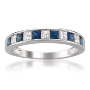 Beyond Brilliance 0.61 Carat Channel Set Princess Cut Diamond & Blue Sapphire Wedding Band Ring in 14K White Gold (H-I, I1-I2)