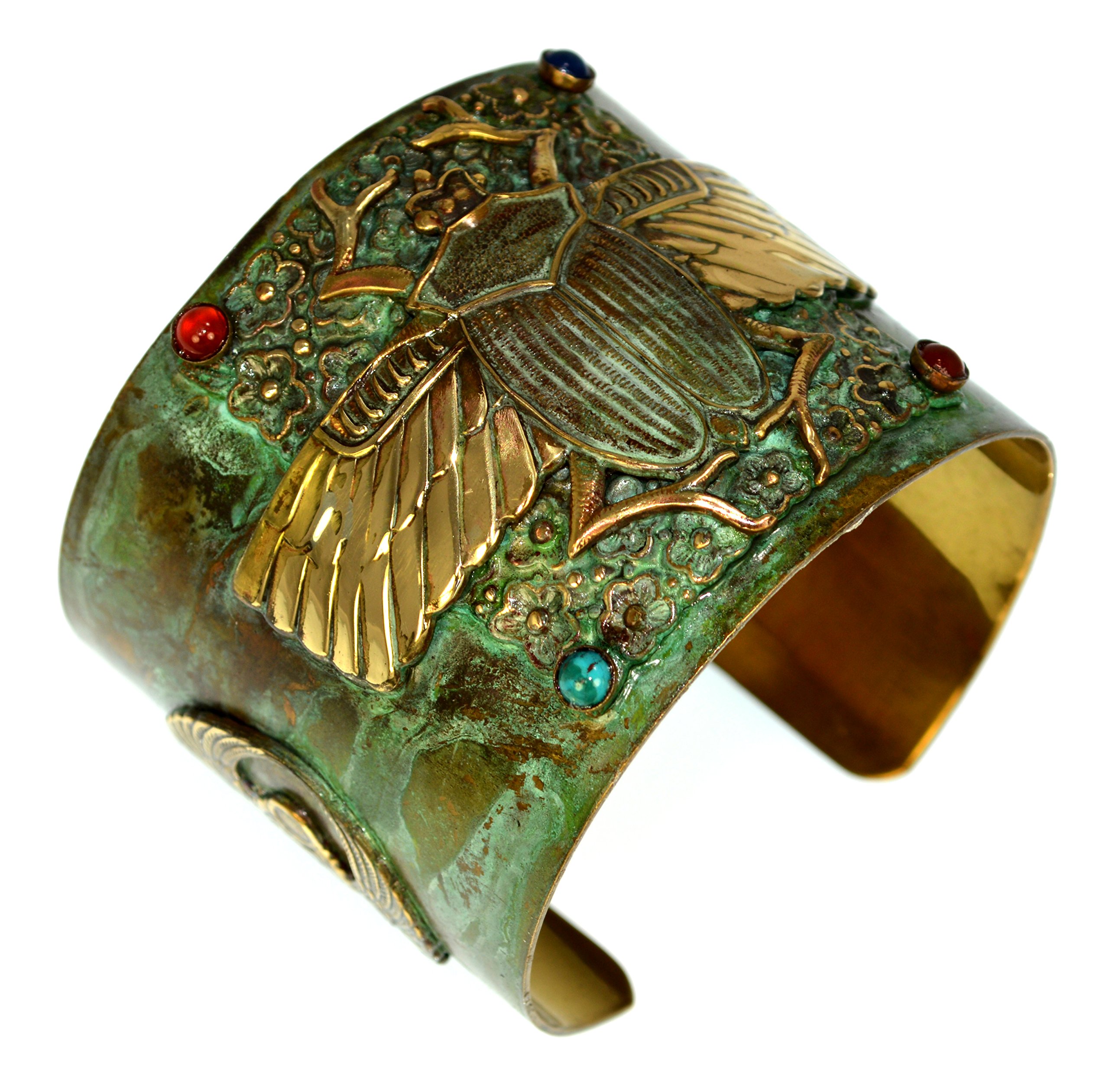 Elaine Coyne Collectible Artwear Patina Brass Egyptian Scarab Motif Wide Cuff Bracelet - Carnelian, Navy Onyx, Turquoise