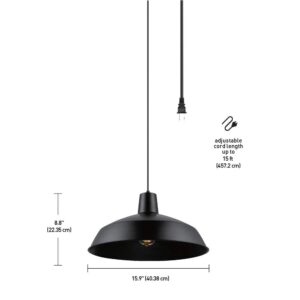 Globe Electric 65151 1-Light Plug-in Pendant, Matte Black, 15ft Black Cord, in-Line On/Off Switch, Kitchen Island, Café, Decorative, Ceiling Hanging Light Fixture, Modern, Vintage, Bulb Not Included