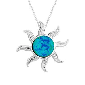 Sterling Silver Created Blue Opal Solar Eclipse Sun Pendant with 18" Chain