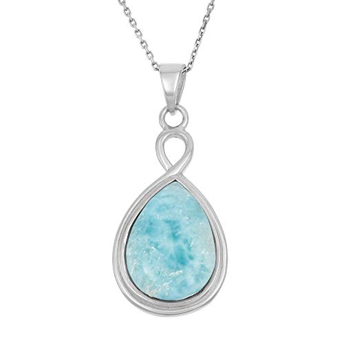 Beaux Bijoux Natural Larimar Sterling Silver Tear Drop Pendant Necklace Vintage Style with 18" Silver Chain Necklace for Women