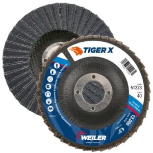 weiler 51223 tiger x flap disc, ceramic and zirconia alumina, flat, phenolic backing, 40 grit, 4-1/2", 7/8" arbor hole (pack of 10)