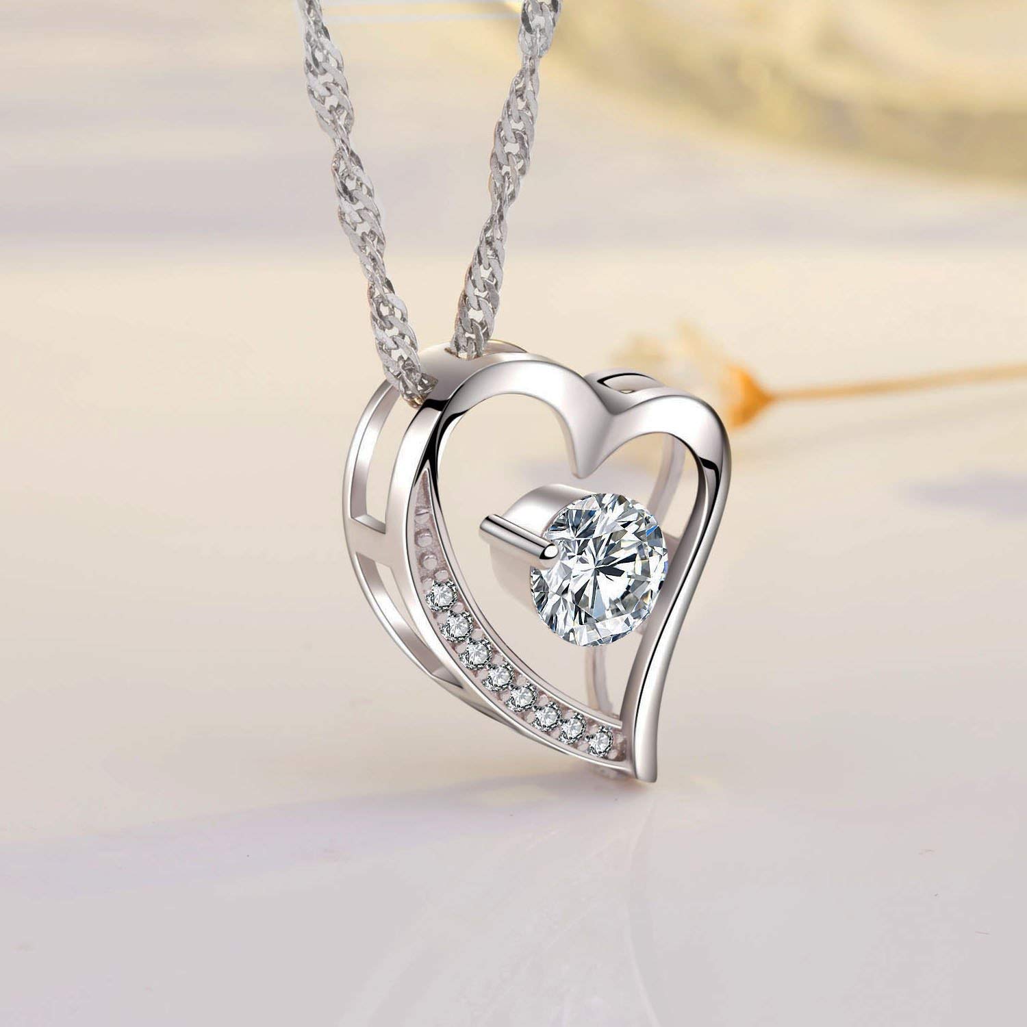 sephla Heart Necklace 14K White Gold Plated Round Cut Cubic Zirconia Forever Lover Heart Pendant Necklace for Women