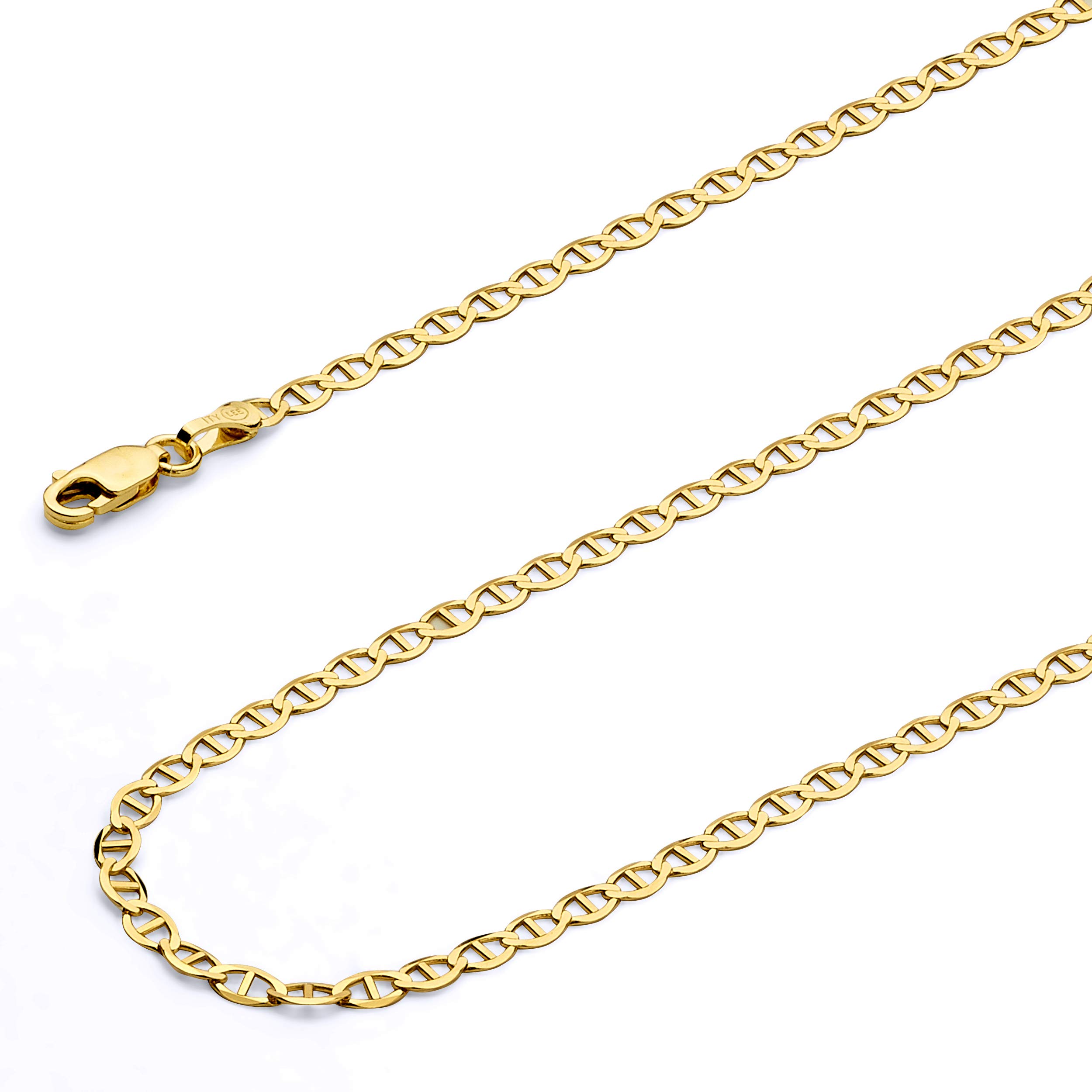 The World Jewelry Center 14k REAL Yellow Gold Solid 2.5mm Flat Mariner Chain Bracelet with Lobster Claw Clasp - 7"