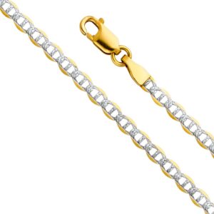 14k real two tone gold solid 3mm flat mariner white pave chain necklace with lobster claw clasp - 22"