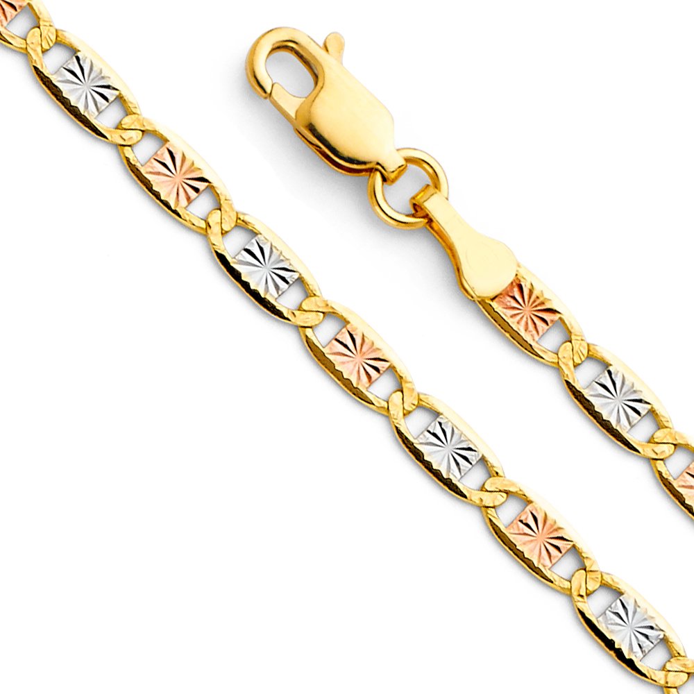 14k REAL Tri Color Gold Solid 3mm Star Diamond Cut Chain Bracelet with Lobster Claw Clasp - 7.5"