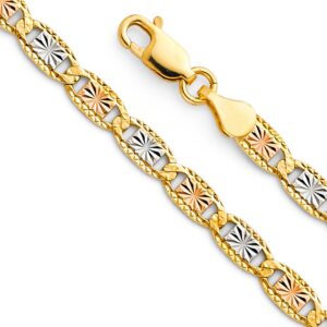 14k real tri color gold solid 3mm star/edge diamond cut chain bracelet with lobster claw clasp - 7.5"