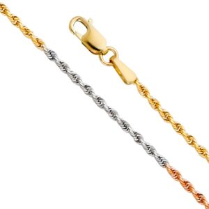 14k real tri color gold solid 1.5mm rope diamond cut chain necklace with lobster claw clasp - 22"