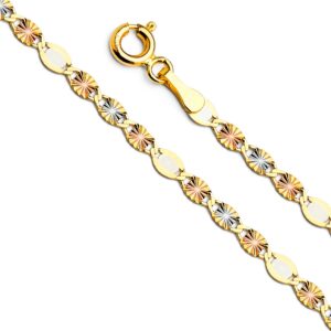 The World Jewelry Center 14k REAL Tri Color Gold Solid 3mm Flat Star Diamond Cut Chain Necklace with Spring Ring Clasp - 18"