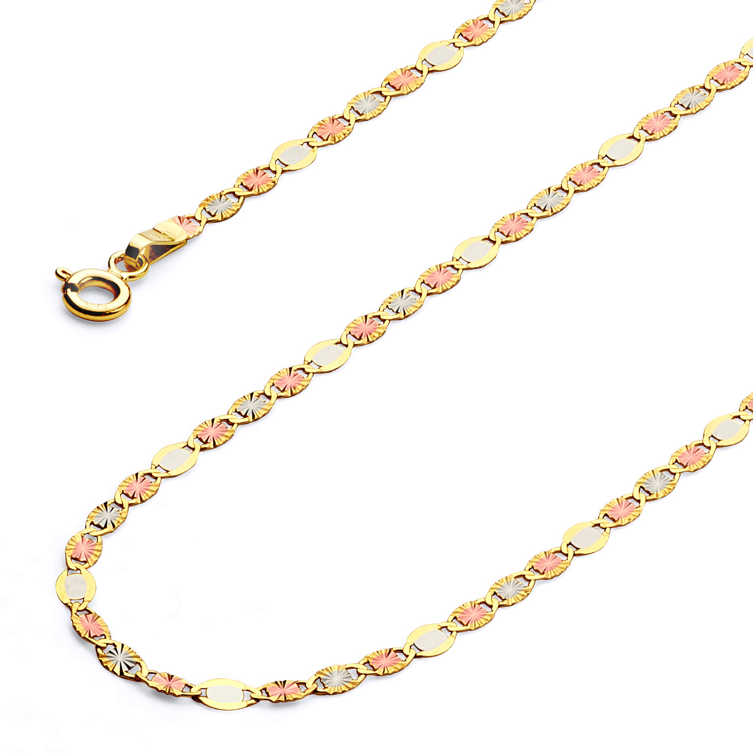 The World Jewelry Center 14k REAL Tri Color Gold Solid 3mm Flat Star Diamond Cut Chain Necklace with Spring Ring Clasp - 18"