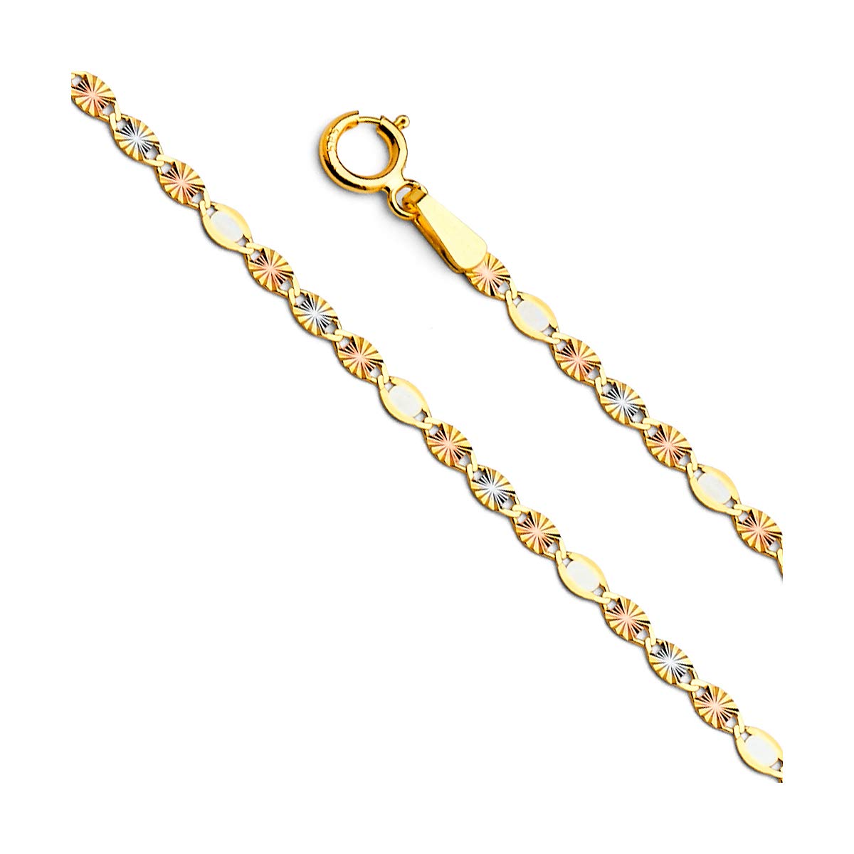 The World Jewelry Center 14k REAL Tri Color Gold Solid 2mm Flat Star Diamond Cut Chain Necklace with Spring Ring Clasp - 20"