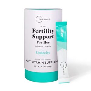 premama fertility support for her powder packets, multivitamin supplement to support normal ovulatory function and egg quality, gluten-free, vegan, unflavored, 28 single-serve packets