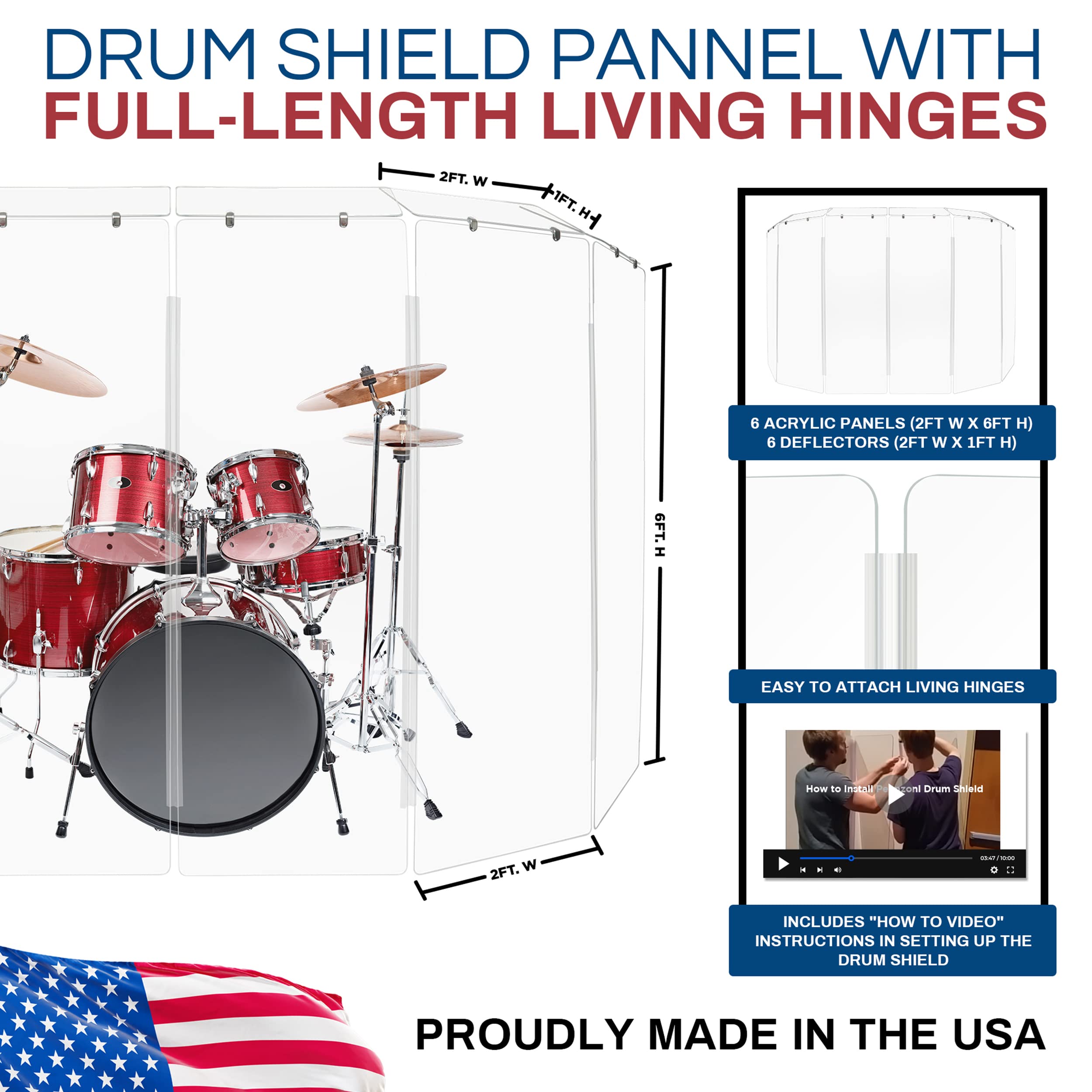 PENNZONI Drum Shield 6ft w/Living Hinges & Deflectors, Comes w/ 6 Drum Panels, Living Hinges & Deflectors, Premium Clear Acrylic Panels