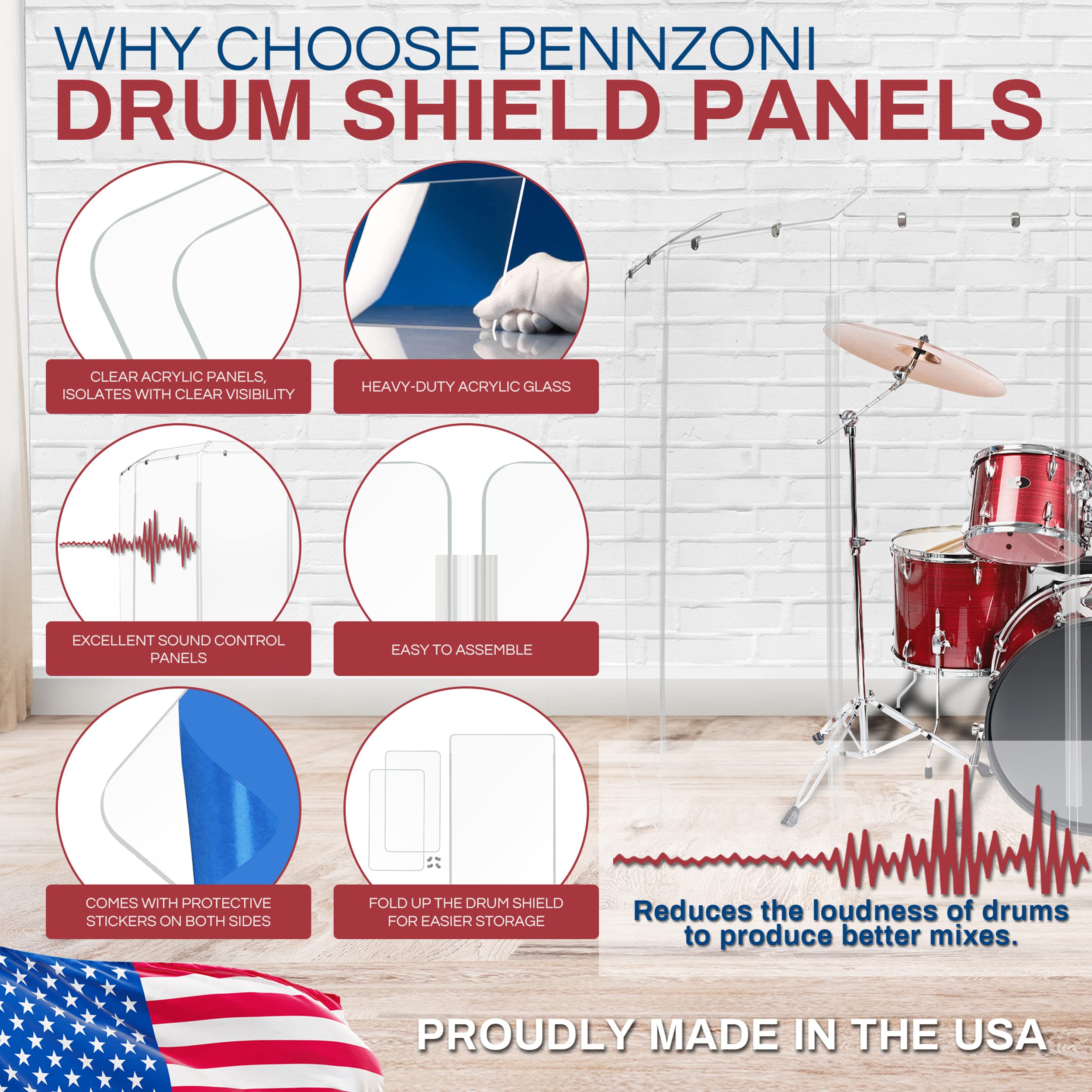 PENNZONI Drum Shield 6ft w/Living Hinges & Deflectors, Comes w/ 6 Drum Panels, Living Hinges & Deflectors, Premium Clear Acrylic Panels