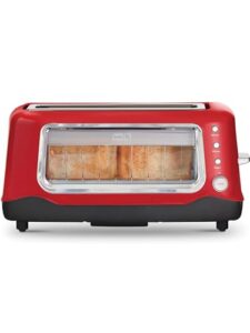 dash clear view toaster - compact design with 7 browning levels & clear-view window, extra-wide slot large toaster, 1-touch defrost, reheat & bagel functions - easy clean up crumb tray (red)