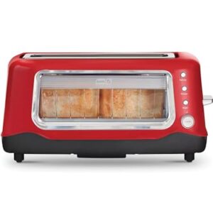 DASH Clear View Toaster - Compact Design with 7 Browning Levels & Clear-View Window, Extra-Wide Slot Large Toaster, 1-Touch Defrost, Reheat & Bagel Functions - Easy Clean Up Crumb Tray (Red)