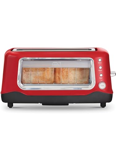 DASH Clear View Toaster - Compact Design with 7 Browning Levels & Clear-View Window, Extra-Wide Slot Large Toaster, 1-Touch Defrost, Reheat & Bagel Functions - Easy Clean Up Crumb Tray (Red)