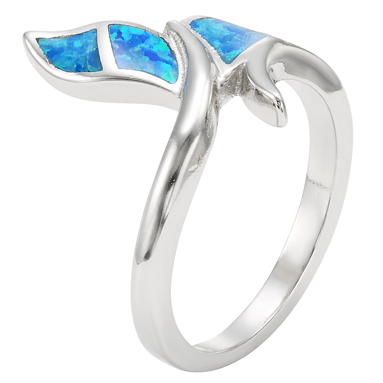 Sterling Silver Created Blue Opal Whale Tail Ring (Size 9)