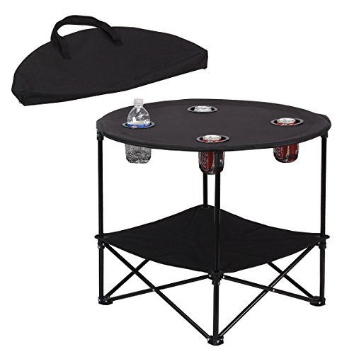 Preferred Nation | 2 Tier Folding Camping Table with 4 Mesh Cup Holders Black | Polyester with Metal Frame | Compact, Convenient Carry Case Included | Side Table for Tailgate