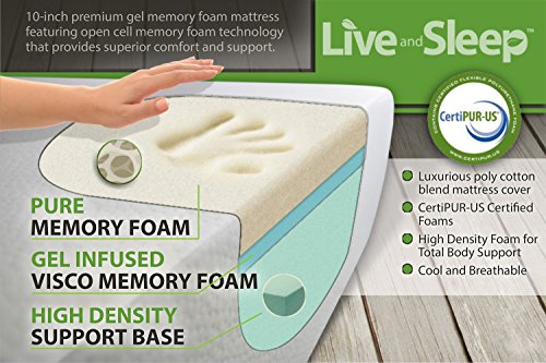 Live & Sleep King Size Mattress, Gel Memory Foam - 10 Inch Mattress - Firm Mattress - Cool Bed in a Box - Balanced Support - CertiPUR Certified - King