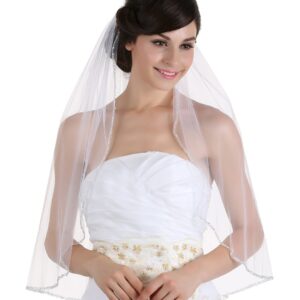 1T 1 Tier Crystals Pearls Beaded Wedding Veil (Elbow Length 30" Ivory)