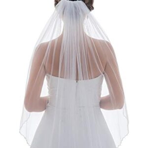 SAMKY 1T 1 Tier Pearls Crystals Beaded Wedding Veil V377 - Light Ivory Fingertip Length 36"