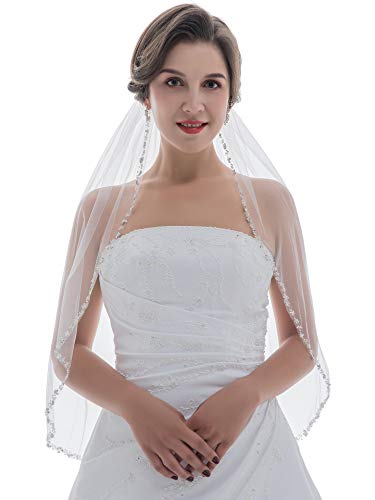 1T 1 Tier Pearls Silver Beaded Wedding Veil - Light Ivory Fingertip Length 36" V413