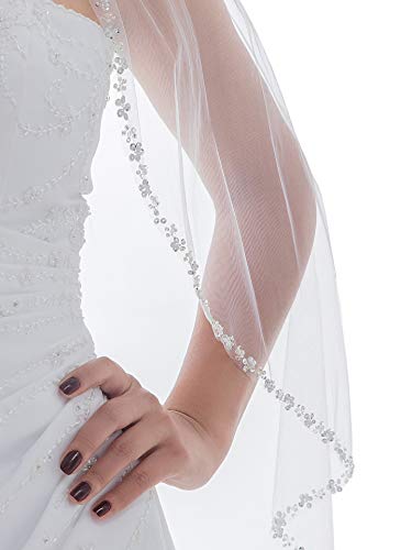 1T 1 Tier Pearls Silver Beaded Wedding Veil - Light Ivory Fingertip Length 36" V413