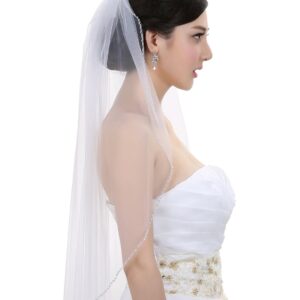 SAMKY 1T 1 Tier Pearls Bugle Beaded Wedding Veil V397 - Light Ivory Fingertip Length 36"