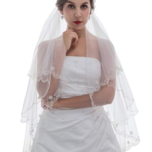 2T 2 Tier Silver Threaded Beaded Wedding Veil V426 - Light Ivory Fingertip Length 36"