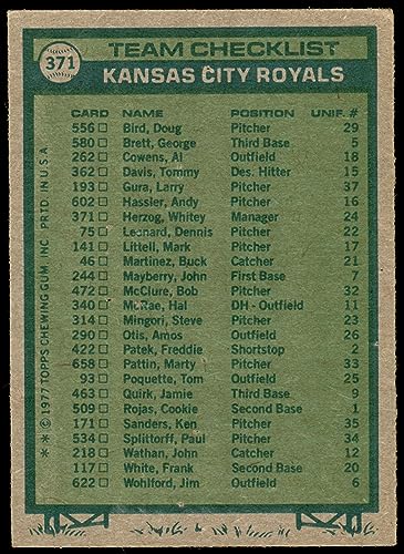 1977 Topps # 371 Royals Team Checklist Whitey Herzog Kansas City Royals (Baseball Card) POOR Royals