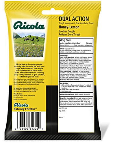 Ricola Dual Action Honey Lemon Cough Drops, 19 Count