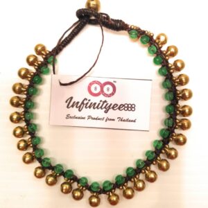 Infinityee888 Trendy Fashion Anklet Green Jade and Brass Bell Ankle Bracelet 10 Inches Woven with Wax Cord Beautiful Handmade Hippie Bohemian Style