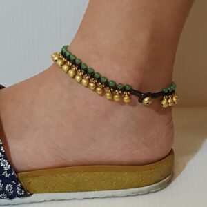 Infinityee888 Trendy Fashion Anklet Green Jade and Brass Bell Ankle Bracelet 10 Inches Woven with Wax Cord Beautiful Handmade Hippie Bohemian Style