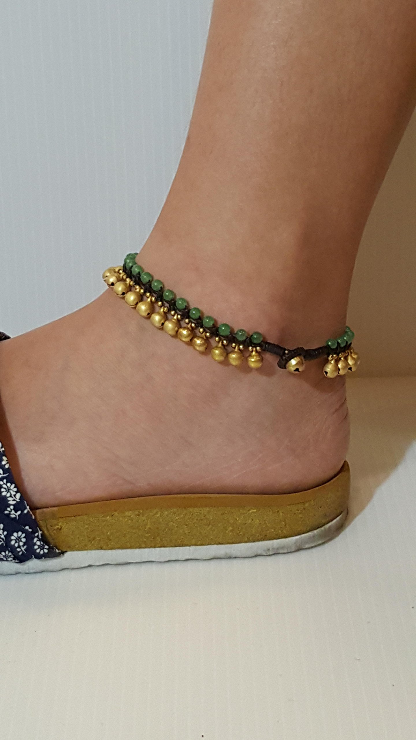 Infinityee888 Trendy Fashion Anklet Green Jade and Brass Bell Ankle Bracelet 10 Inches Woven with Wax Cord Beautiful Handmade Hippie Bohemian Style